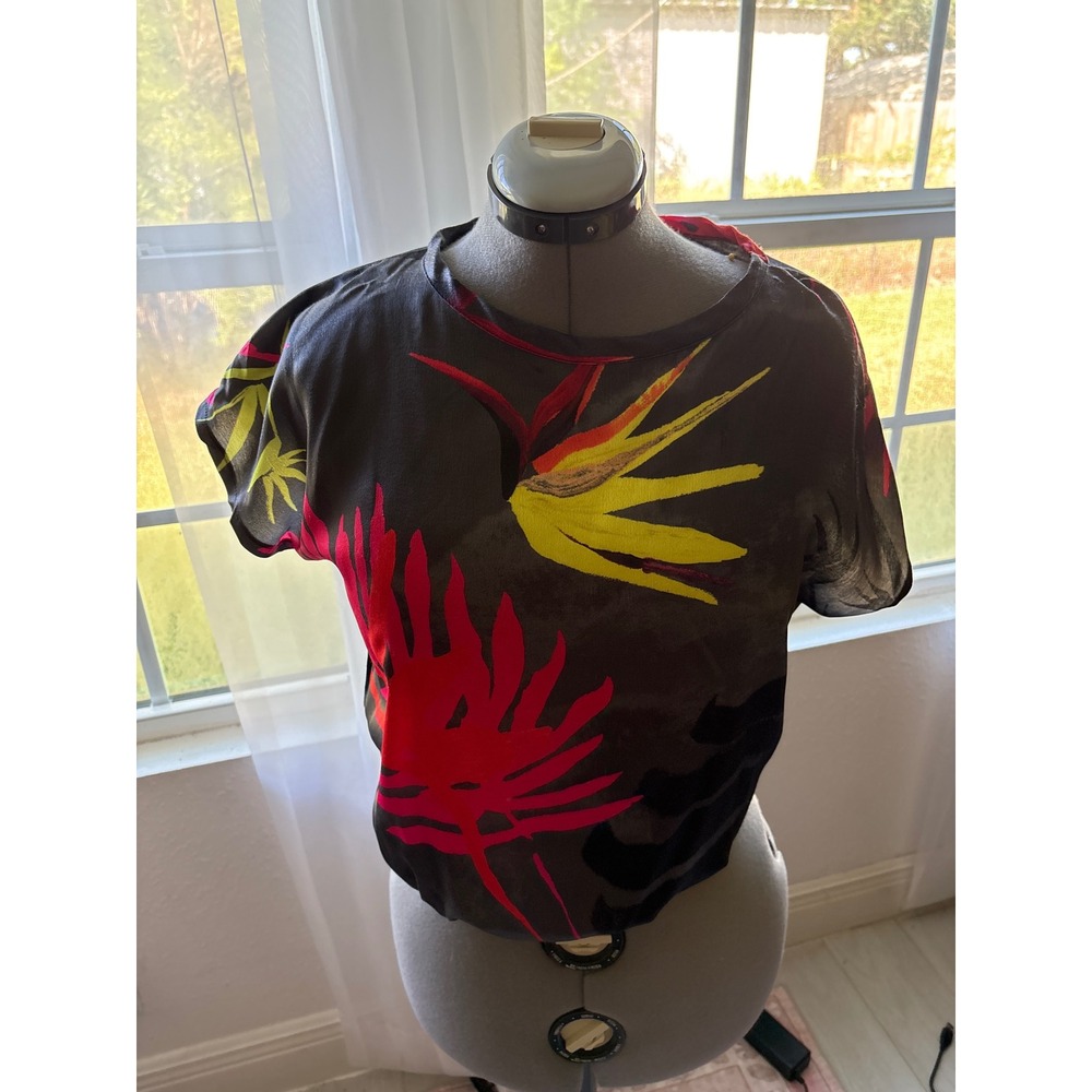 Zara Crop Top Women Medium Black Tropical Floral Excellent Bird of Paradise
